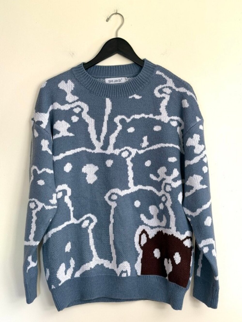 NWOT Shi Jiasi Bear Pattern Jacquard Knit Oversized Sweater Blue, L